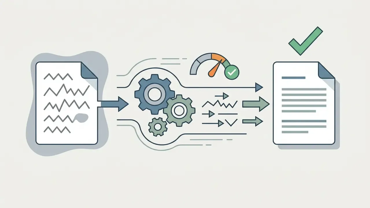 Document with messy text passing through gears and a gauge to emerge as a polished, structured document