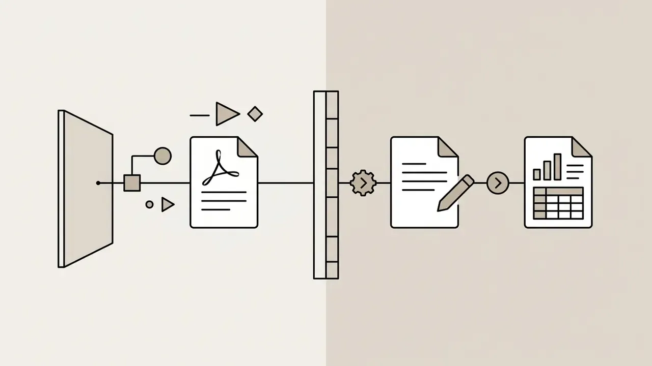 Document icons moving through a gated barrier from a PDF format to editable DOCX and financial model files