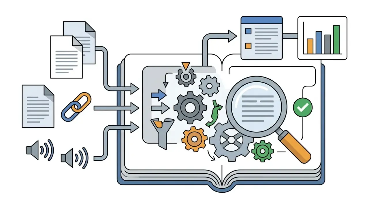 Files, links, and audio inputs feed into an open book containing gears, a magnifying glass, and data charts