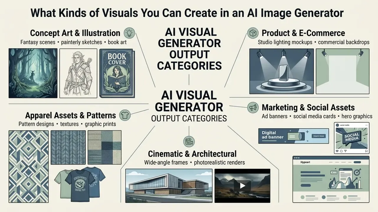 Categorized examples of creative outputs including fantasy art, product mockups, and marketing graphics