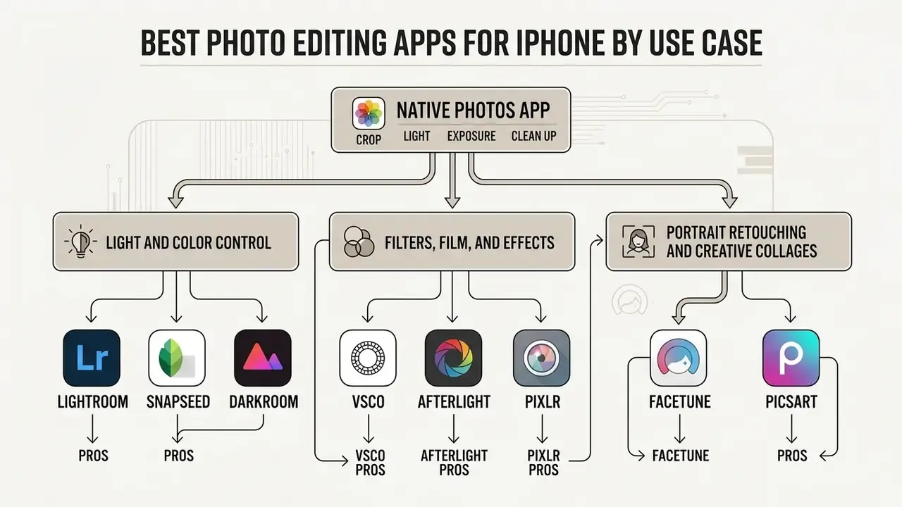 Flowchart categorizing iPhone photo editor apps by their primary editing functions and specific use cases