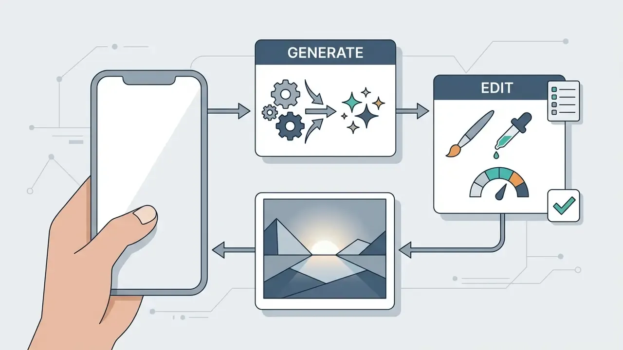 Hand holding a smartphone connected to a cycle of generating and editing AI art images