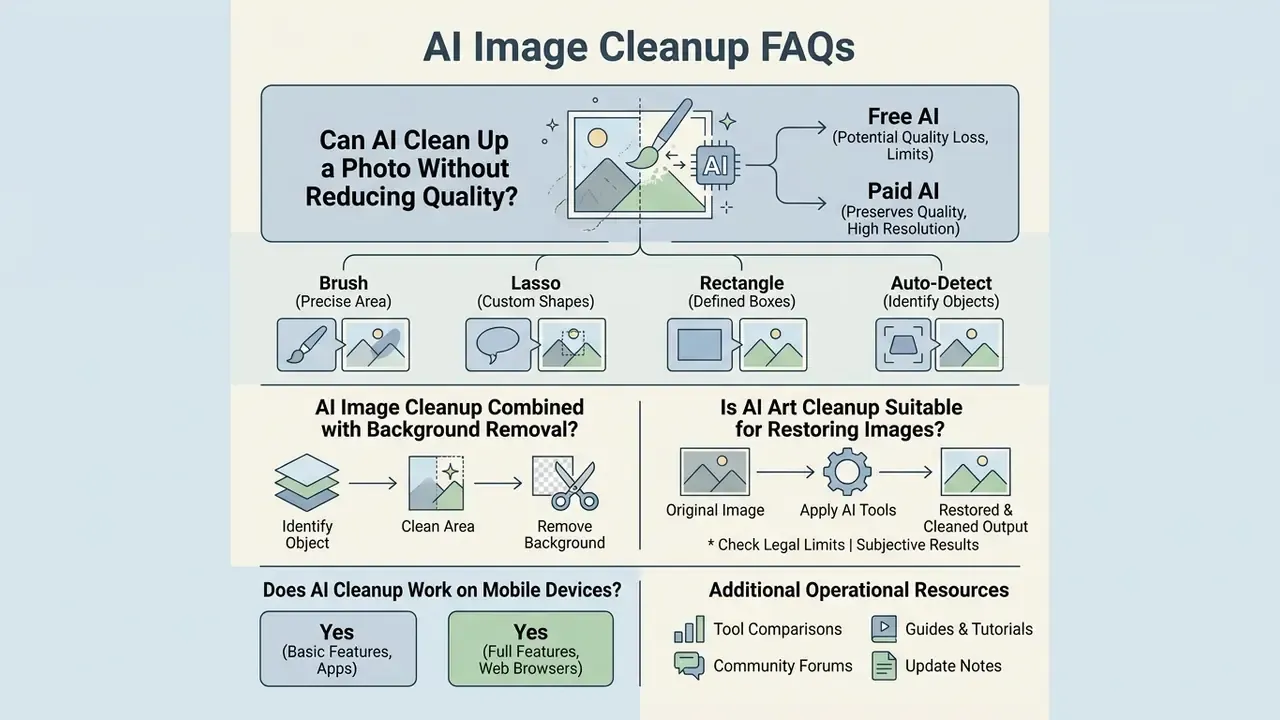 Summary of photo editing questions covering selection tools, restoration methods, and mobile compatibility