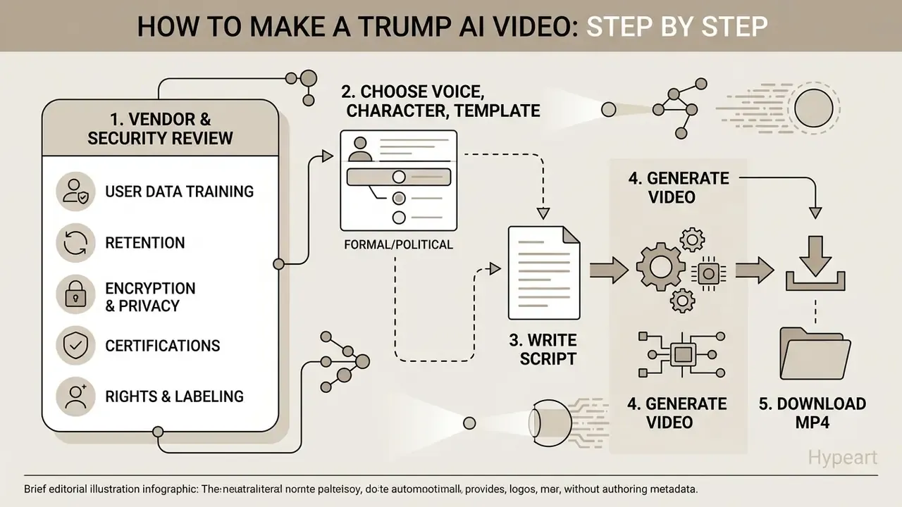 Diagram detailing the five steps to create a Trump AI video including security, script, and output