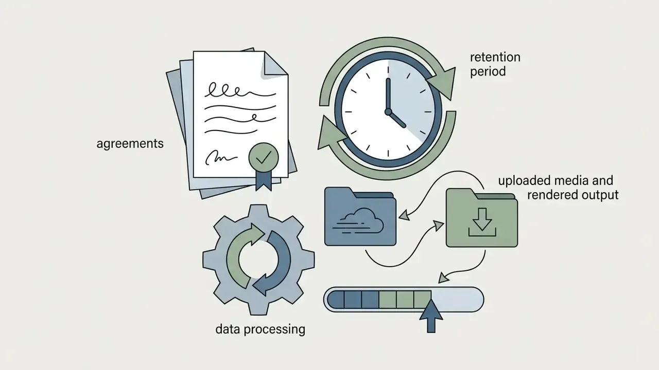 Icons representing data agreements, retention time, file processing, and media storage