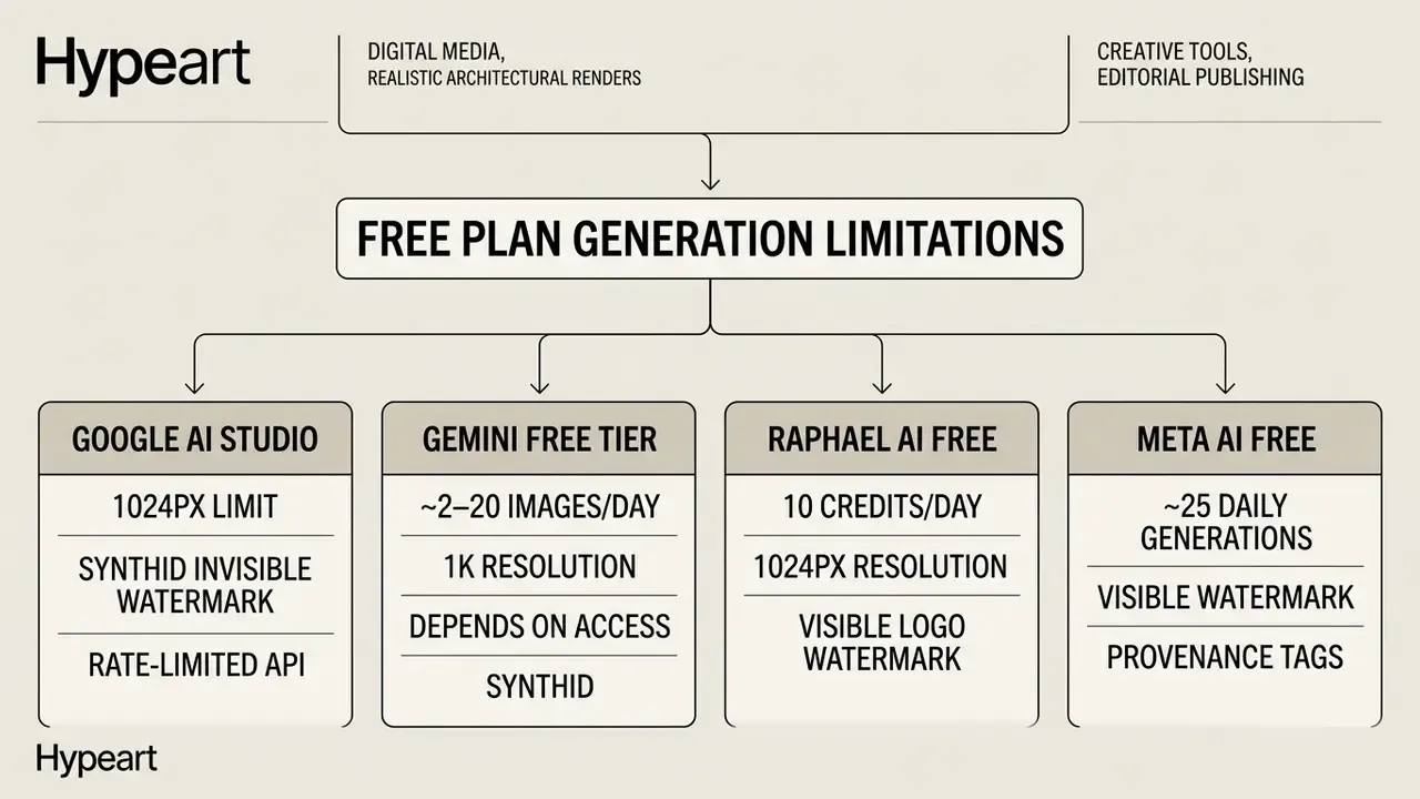 Flowchart outlining generation limits for free tiers of Google AI Studio, Gemini, Raphael AI, and Meta AI