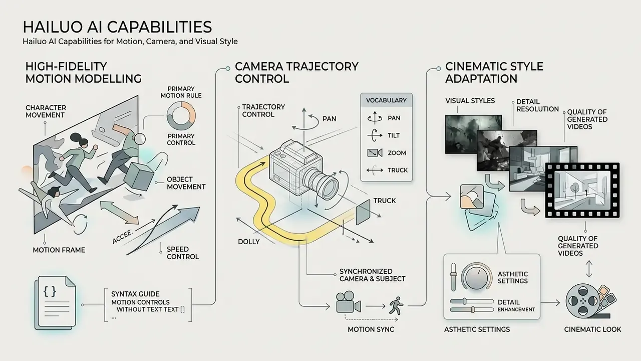 Diagram detailing Hailuo AI features for motion modelling, camera trajectory control, and cinematic style