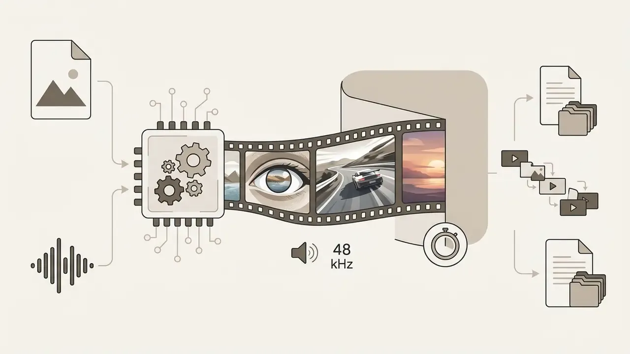 Input files and audio feeding into a processor that outputs film strips and organized video folders