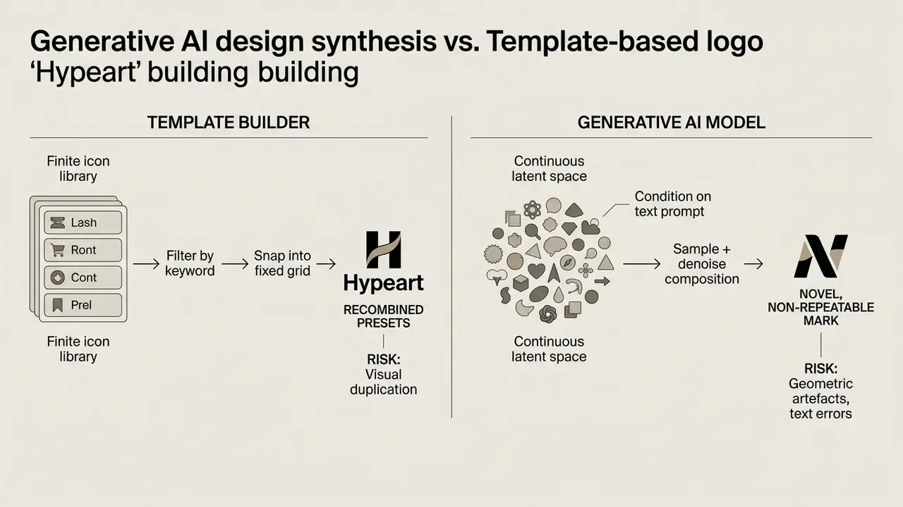 Diagram contrasting template-based logo assembly with generative AI model synthesis processes