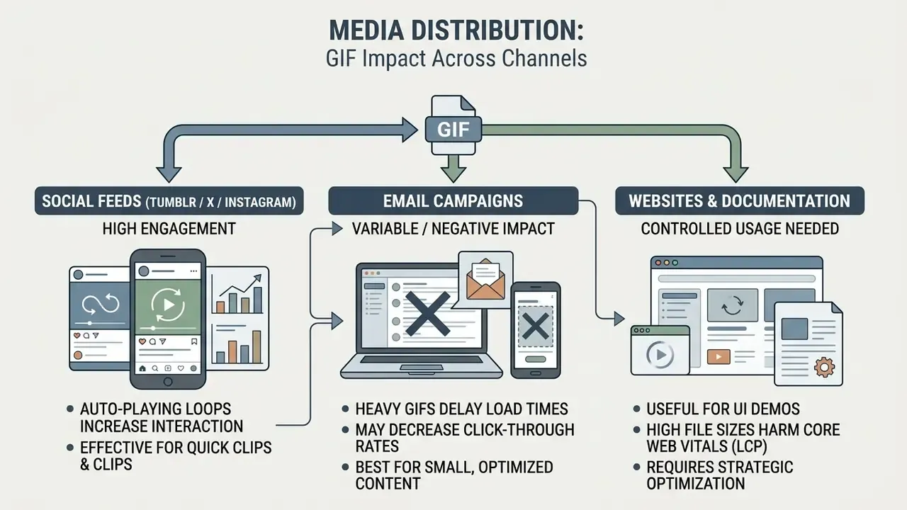 Diagram showing how GIF usage impacts engagement across social media, email, and website channels