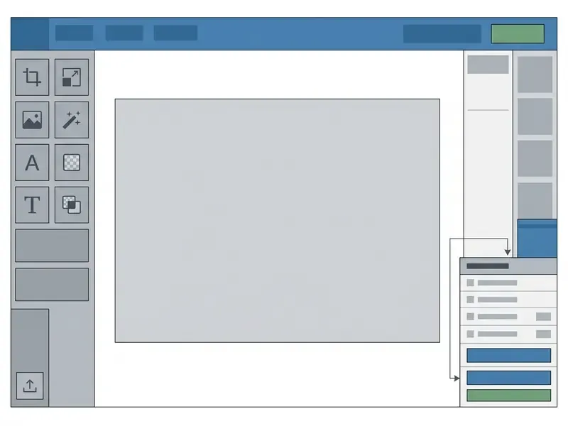 Diagram of a workspace layout featuring a central canvas surrounded by a toolbar and export menu