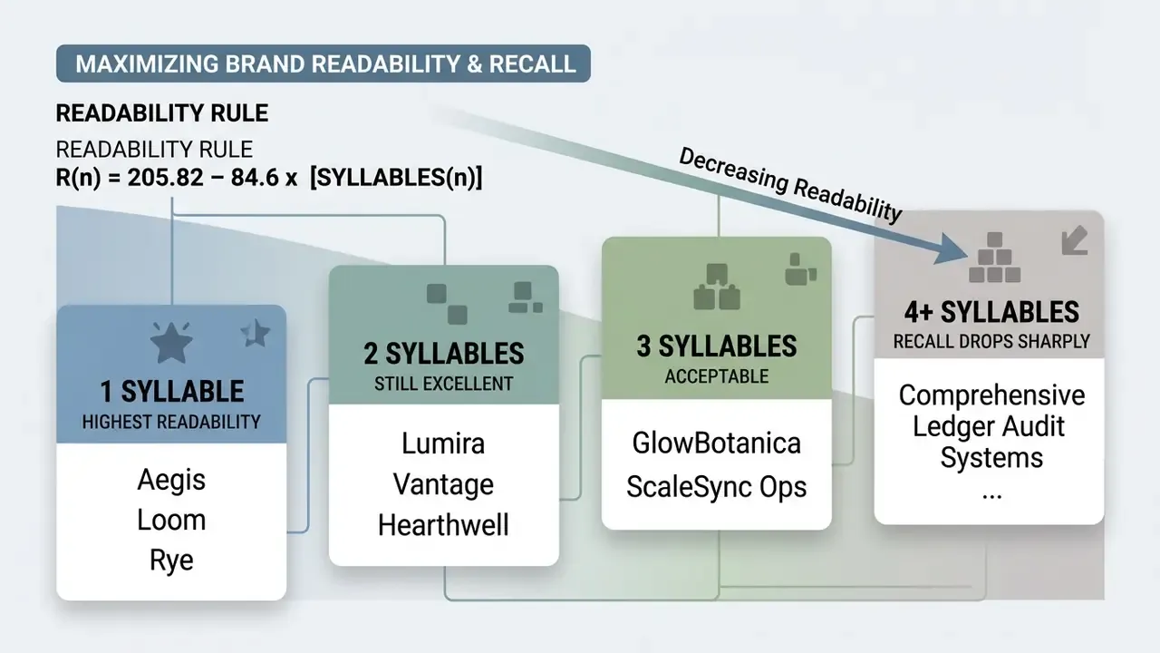 Diagram showing how syllable count in brand names affects readability and recall for AI business naming