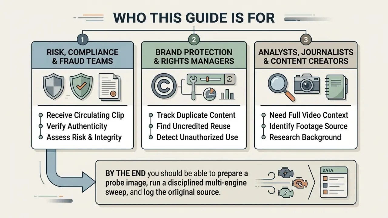 Three professional roles and their objectives for using reverse image search to find video sources