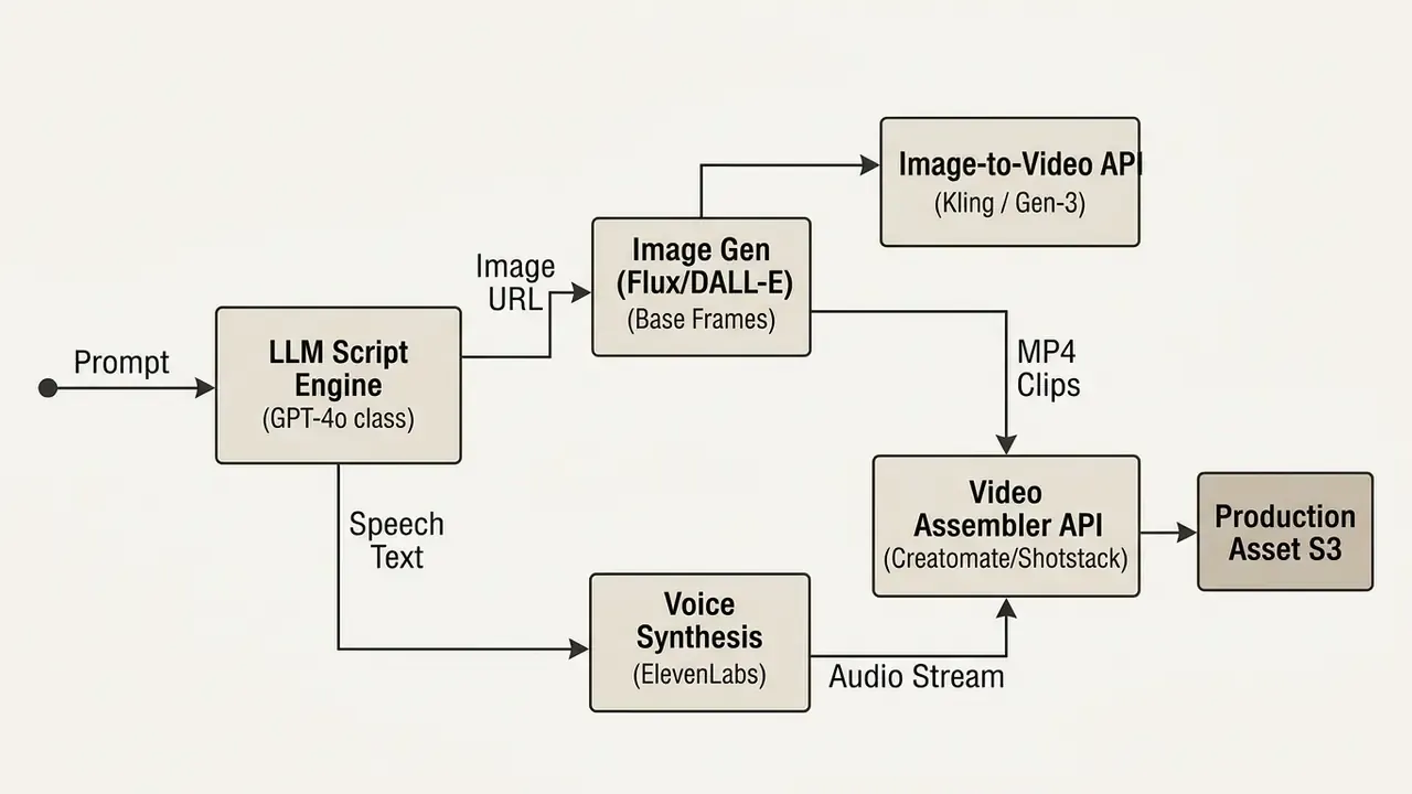 System architecture diagram showing media synthesis from a prompt through LLM, image, and video APIs