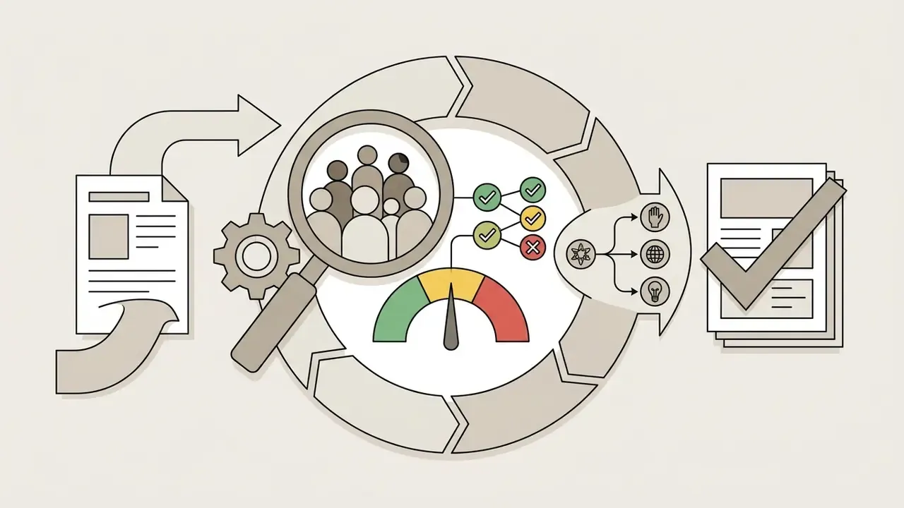 Magnifying glass examining diverse group icons and bias indicators within a circular review cycle