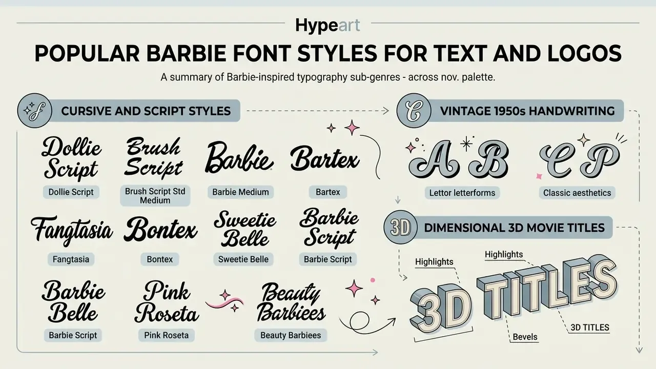 Infographic displaying various cursive, vintage, and 3D typography styles inspired by doll aesthetics