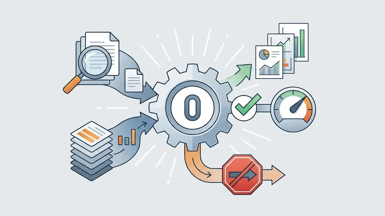Documents and charts feeding into a central gear labeled zero to produce filtered outputs and status gauges