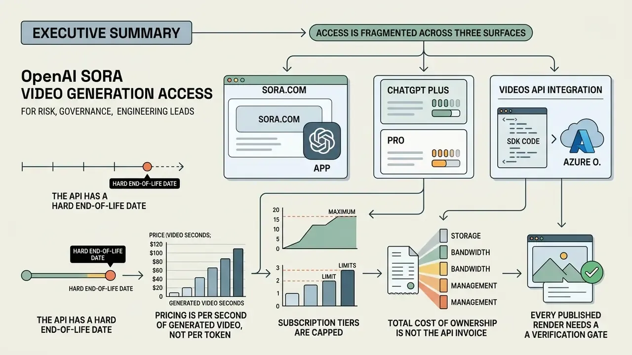 Flowchart outlining OpenAI Sora video generation access across web, subscription, and API platforms