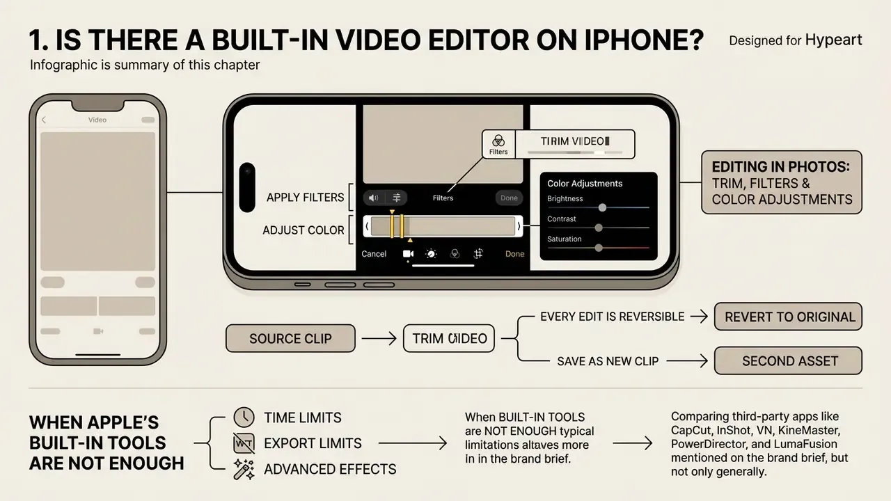 Infographic showing the iPhone video editor interface with tools for trimming, filters, and color adjustments