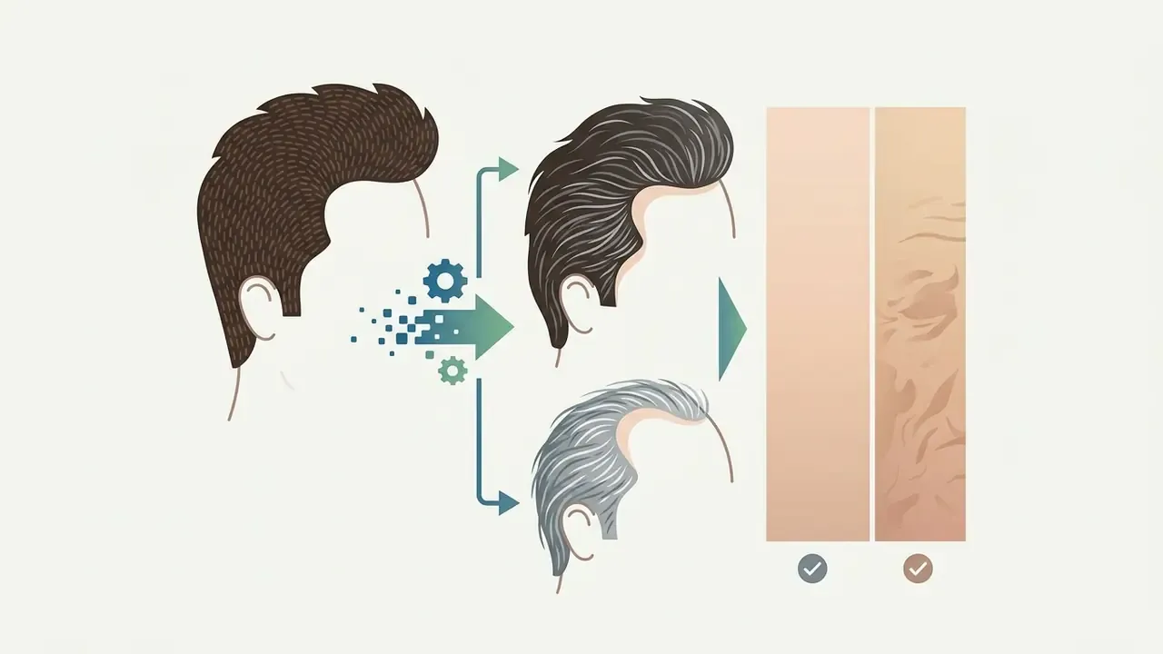 Male profile heads showing hair greying and skin texture changes through digital processing steps