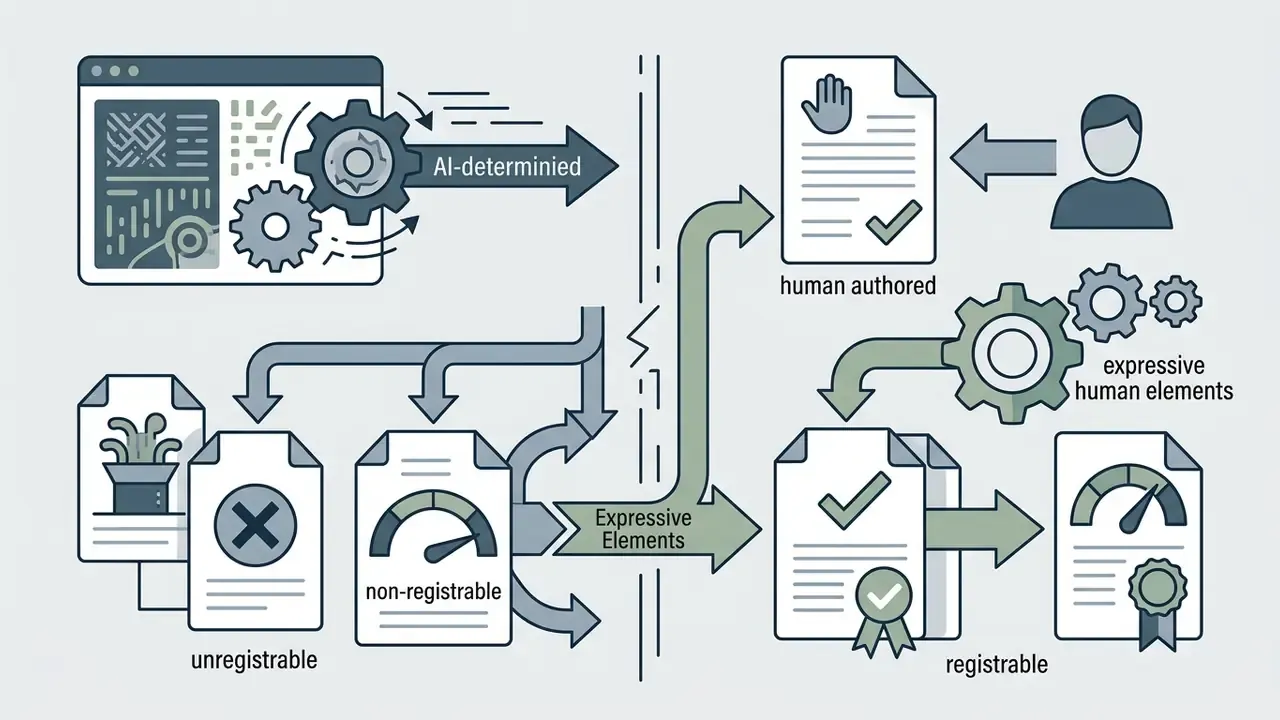 Workflow showing the distinction between non-registrable AI outputs and registrable human-authored content