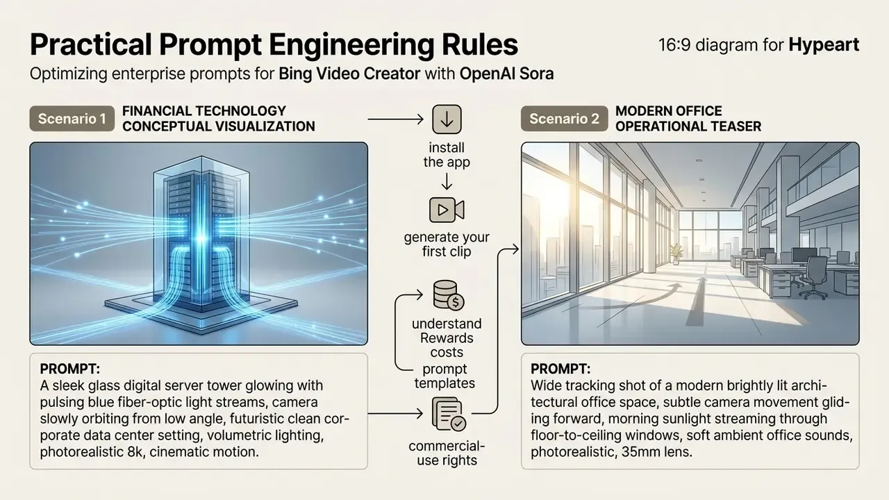 Two example prompts for AI video generation displayed alongside a central workflow of app usage steps