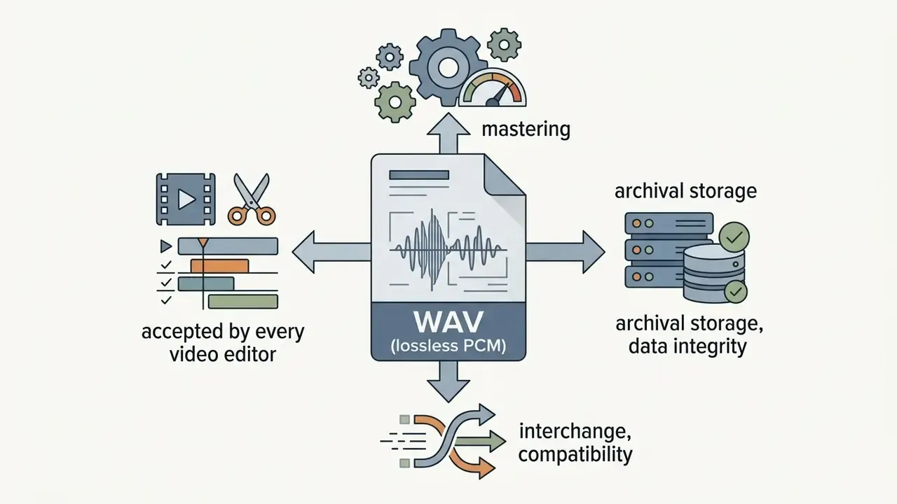 WAV file icon branching into mastering, archival storage, video editing, and interchange workflows