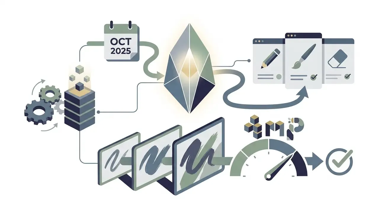 Calendar date and server data feeding into a central gem that powers creative editing tools and resolution gauges