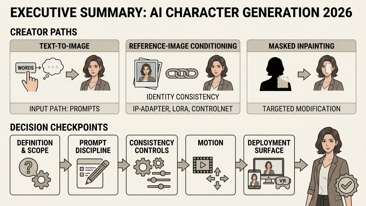 Infographic showing three AI character generator paths and a sequential workflow of decision checkpoints