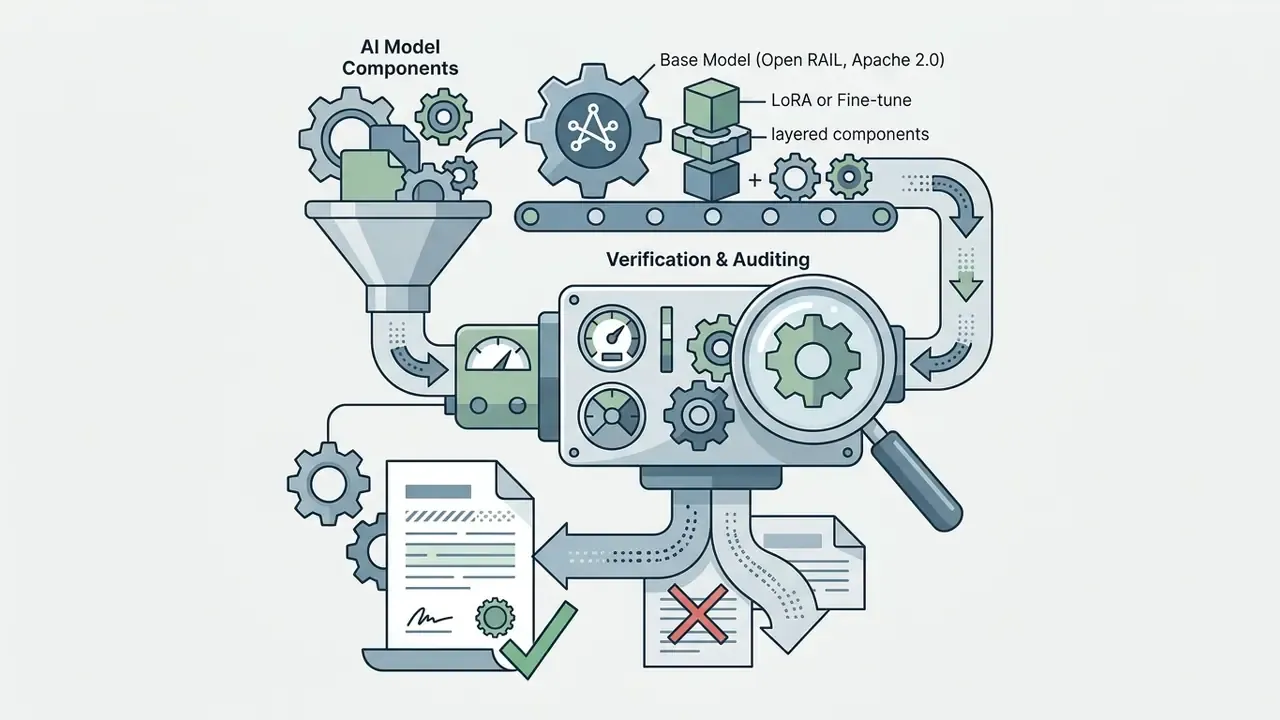 AI model components and layered stacks feeding into a central auditing processor to output compliance records