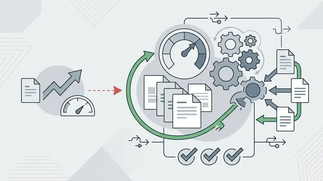 Diagram showing document processing through gears and gauges with checkmarks indicating completed tasks