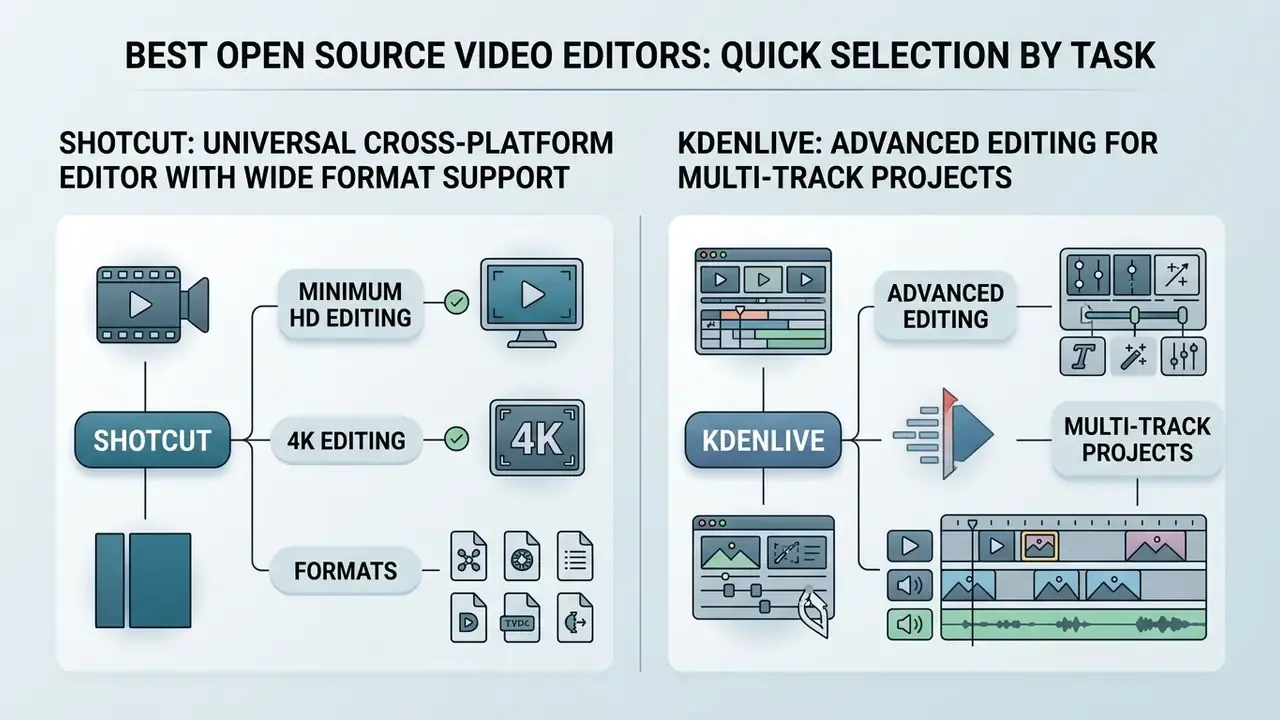 Comparison chart outlining key features for Shotcut and Kdenlive open source video editors