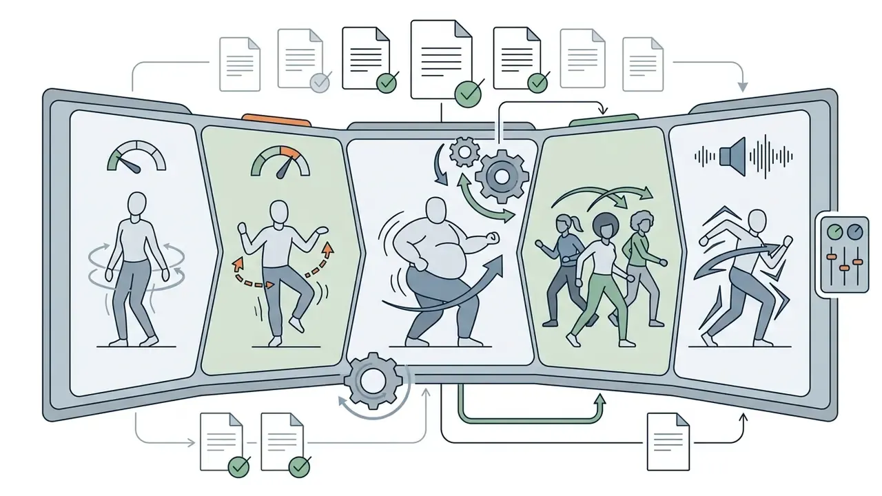 Five panels showing diverse character movement presets and rhythmic motion drivers for animation