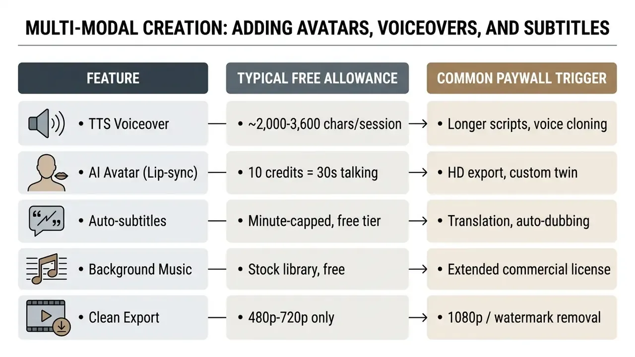 Comparison table listing AI video features, their free usage allowances, and common paywall triggers