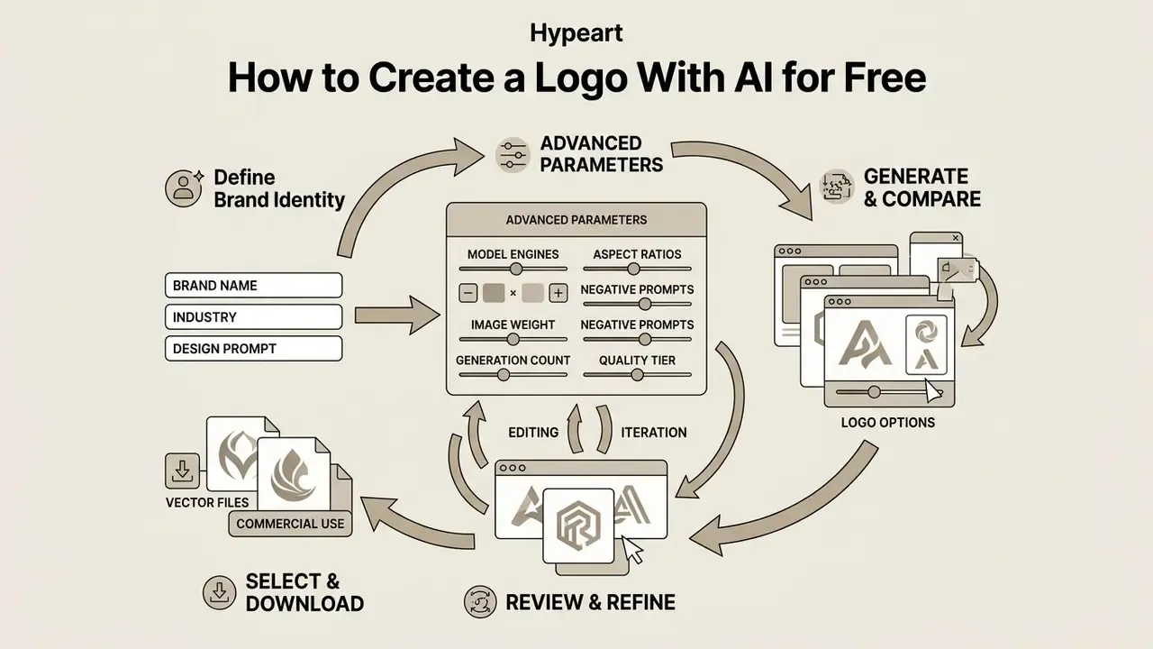Circular workflow diagram showing steps to create a logo with AI from brand input to final download