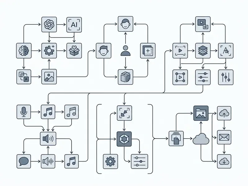 Flowchart showing software modules for AI generation, character design, audio editing, and video export