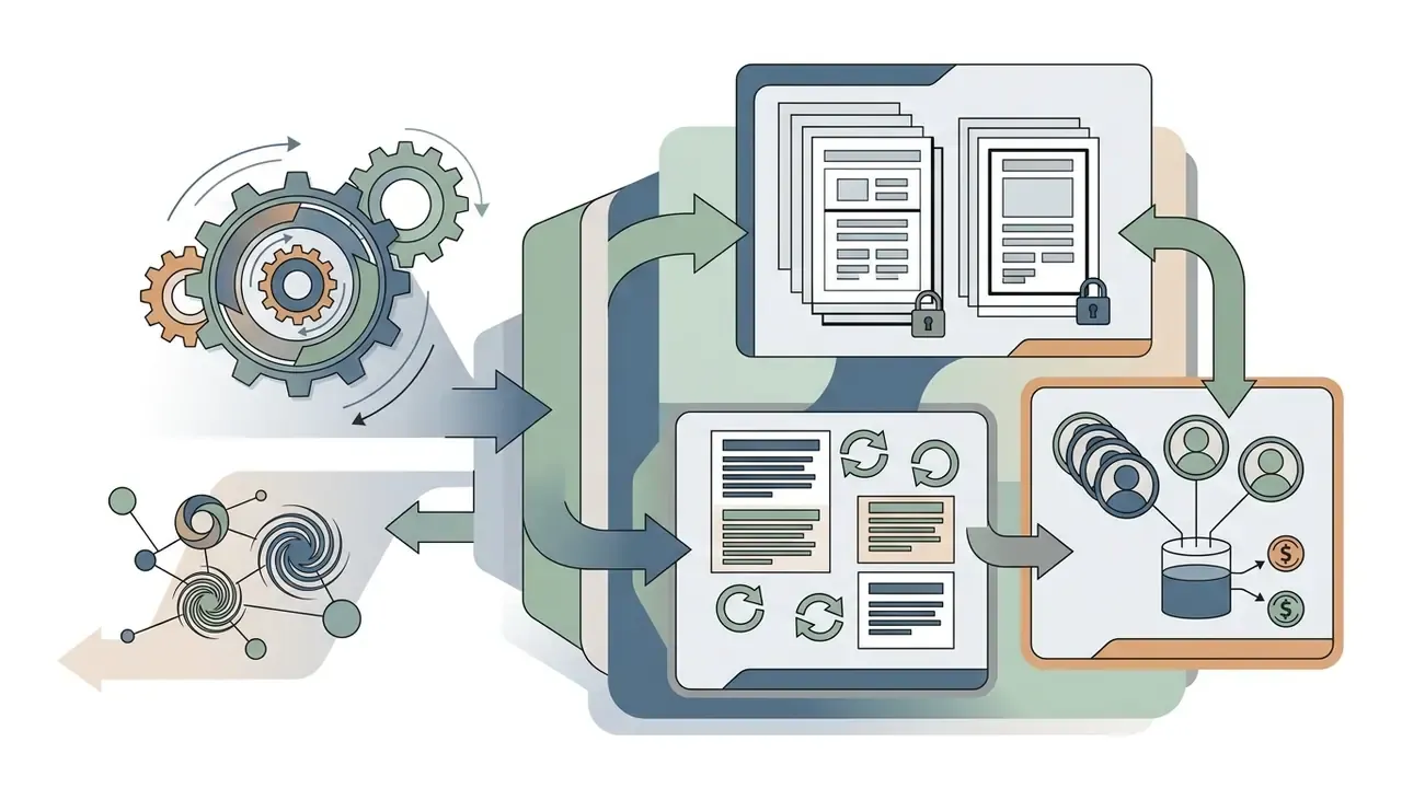 Gears and network nodes feeding into document locking, section regeneration, and shared credit pools
