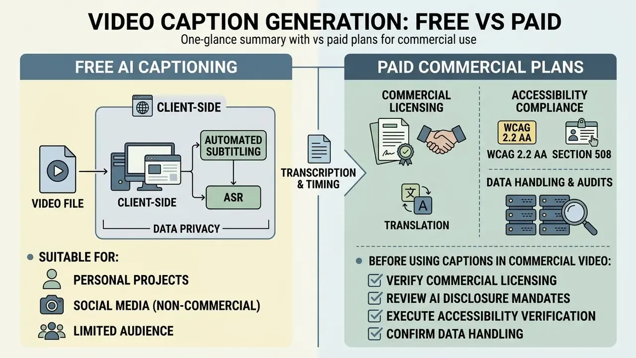 Comparison of free client-side tools for personal use versus paid plans for commercial video compliance