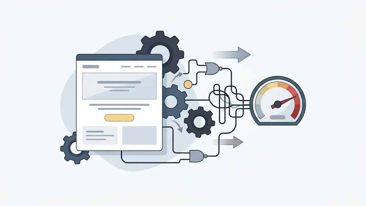 Web page layout connected through gears and logic gates to a speedometer indicating slow performance