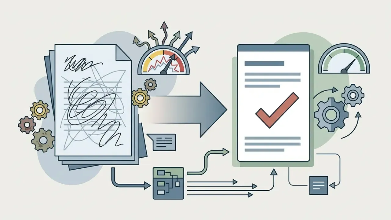Messy notes transforming into a clean checklist through a process of gears and analytical gauges