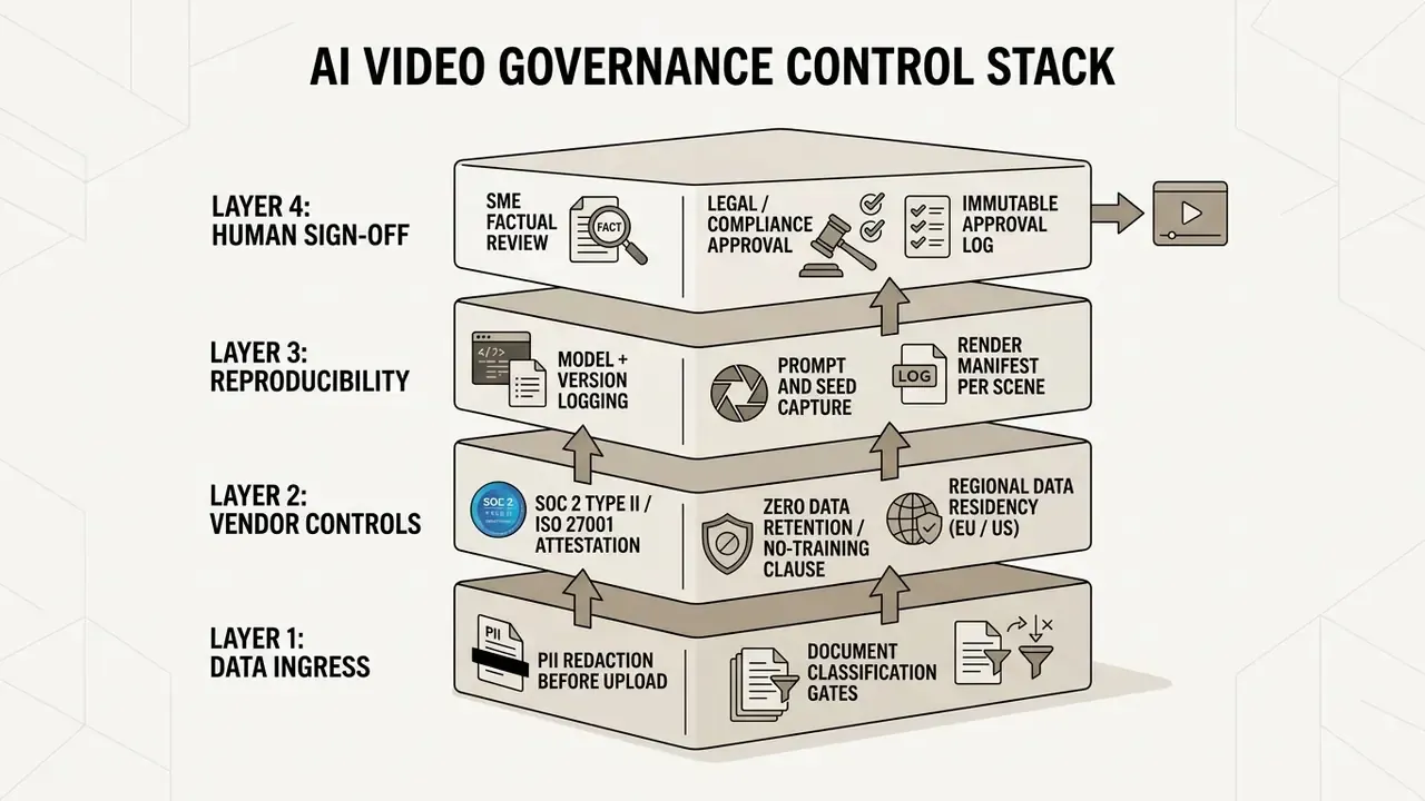 Four layered stack diagram detailing the governance and security controls for an AI video production process
