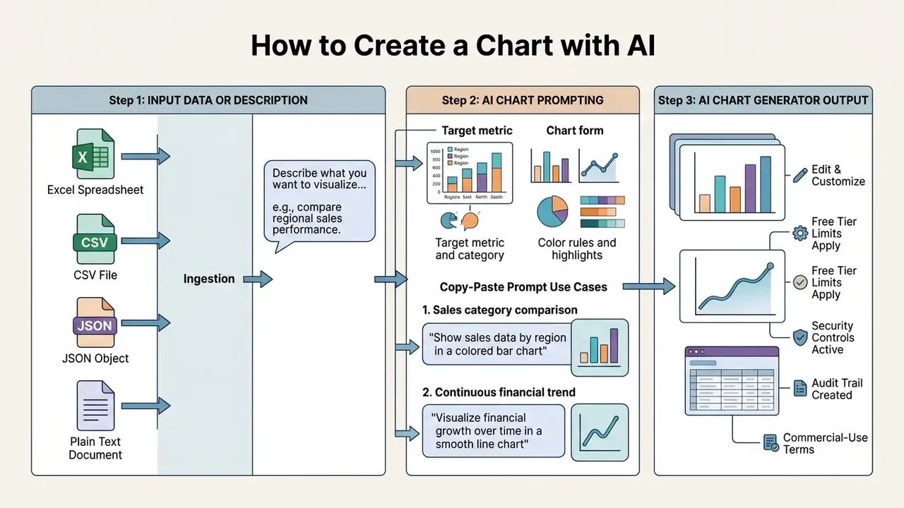 Three-step process flow for using an AI chart generator to turn data inputs into visual data outputs