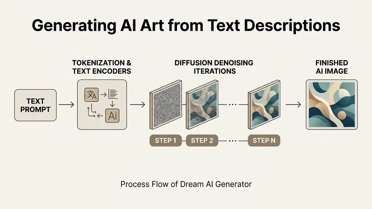 Sequential steps showing text input converted into noise and refined through diffusion into a final image