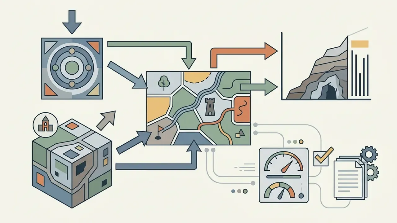 Central map connected by arrows to abstract icons, a terrain block, a cave cross-section, and performance gauges