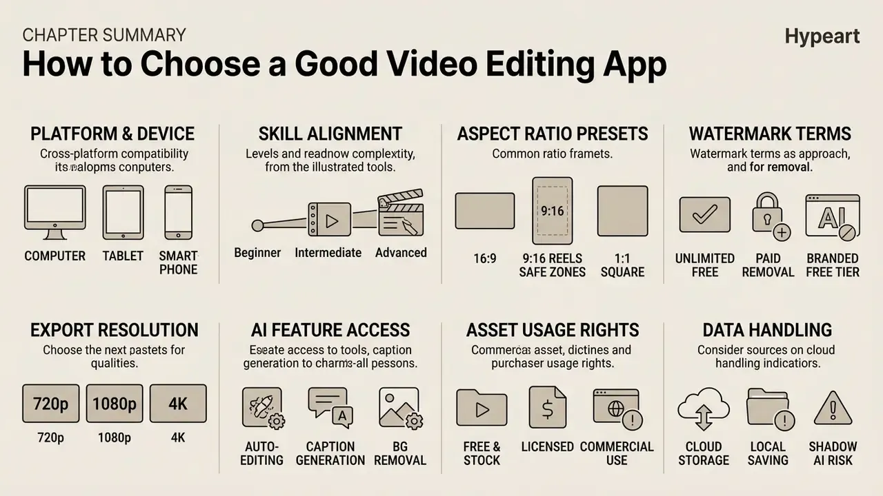 Infographic displaying eight key factors for selecting video editing software including device and AI tools