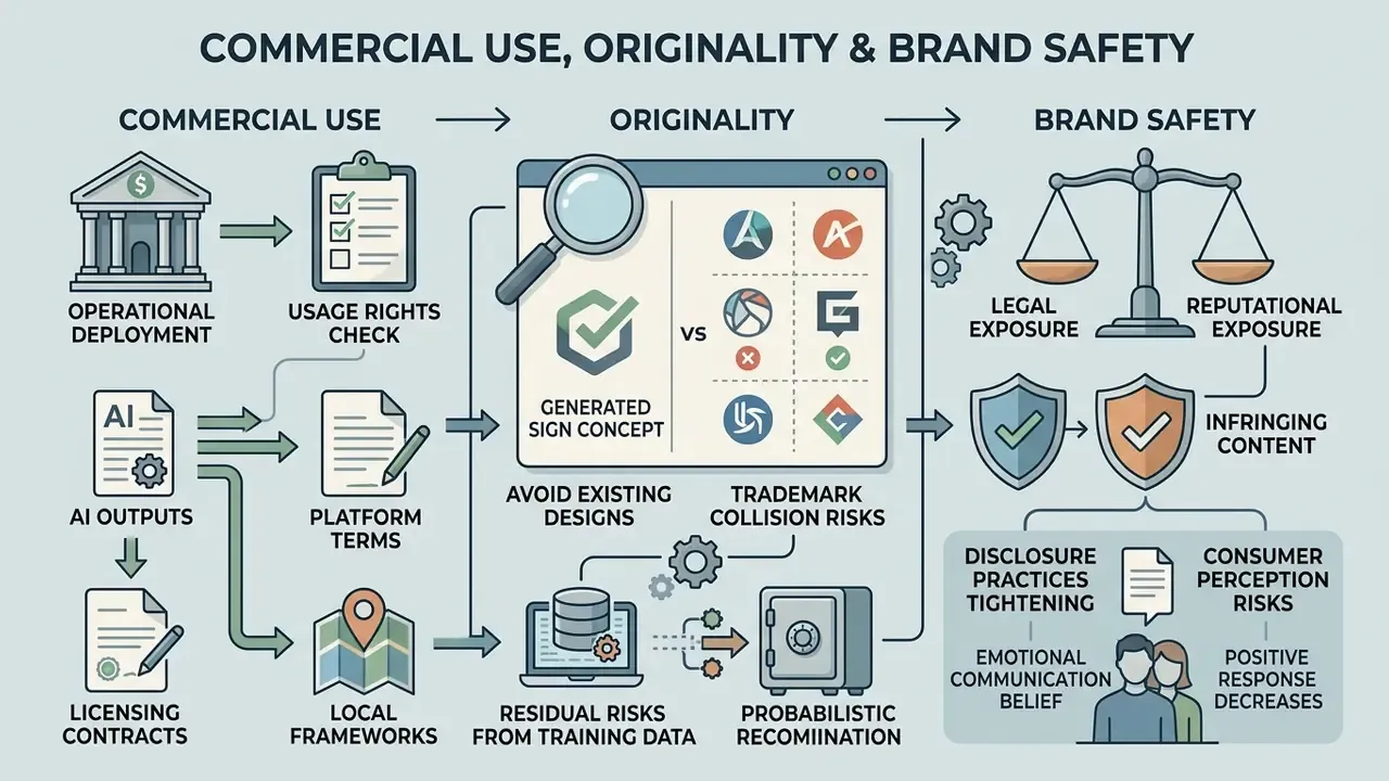 Diagram mapping commercial usage rights, originality checks, and brand safety risks for digital designs