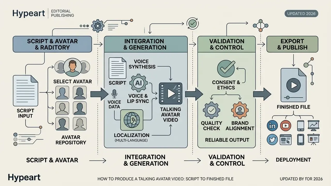 Step by step process for creating a talking avatar video from script input to final digital deployment