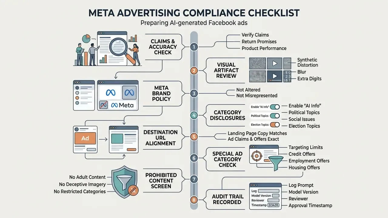 Eight-step checklist for verifying advertising content against Meta policy standards
