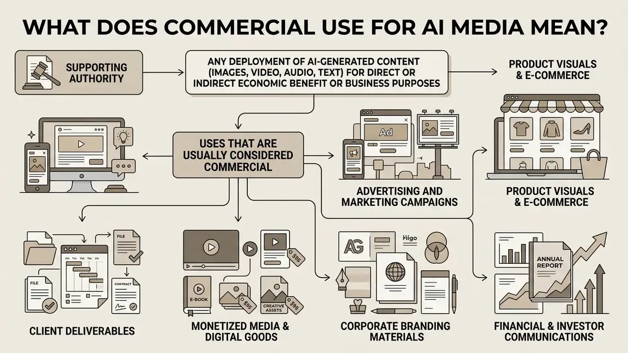 Flowchart illustrating various business applications and examples of commercial use for AI media