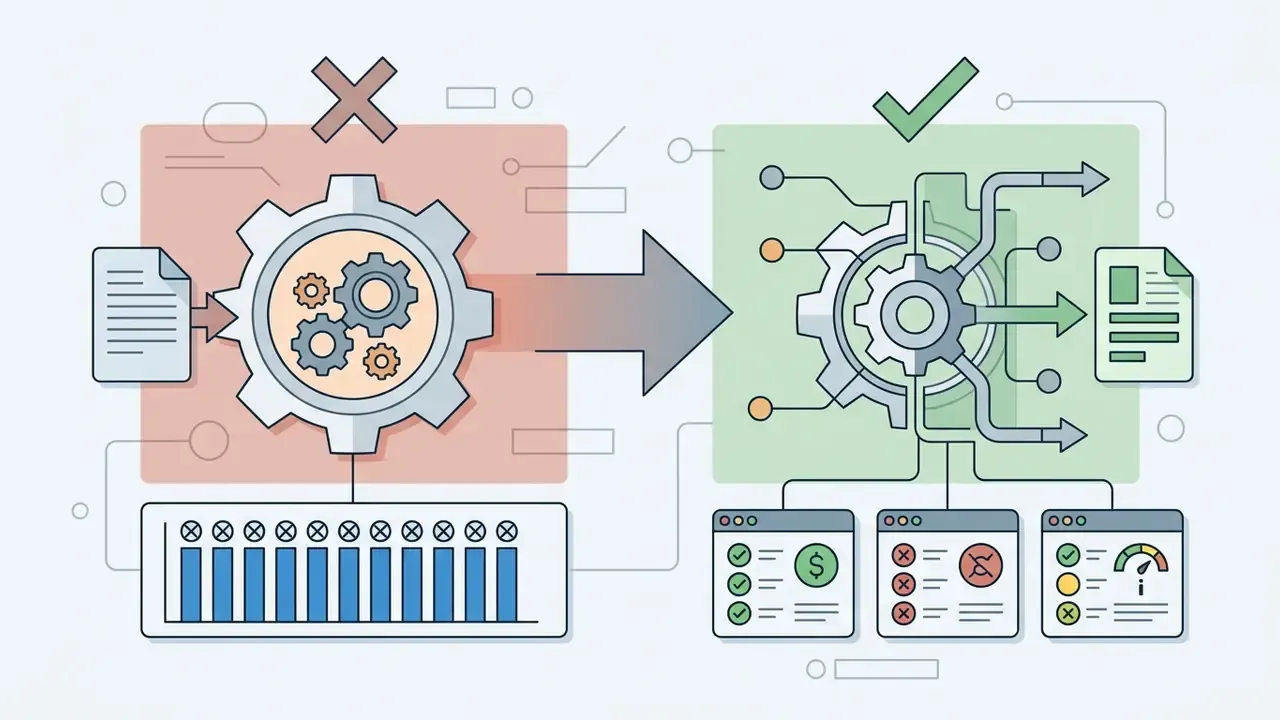 Gear mechanism transforming document inputs into verified outputs with status panels and checkmarks